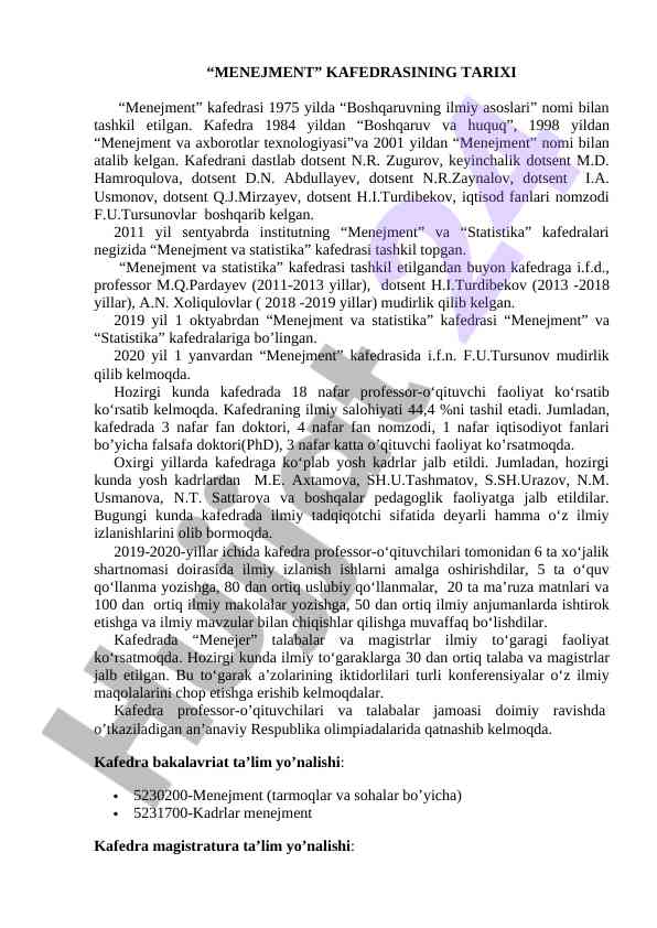 Menejment kafedrasining tarixi va tashkil topishi