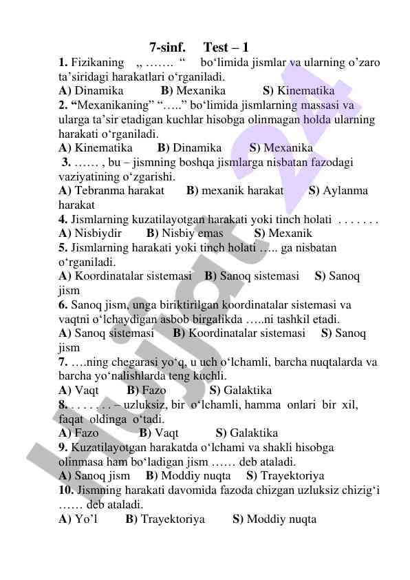 Fizikada jismlar harakati test savollari