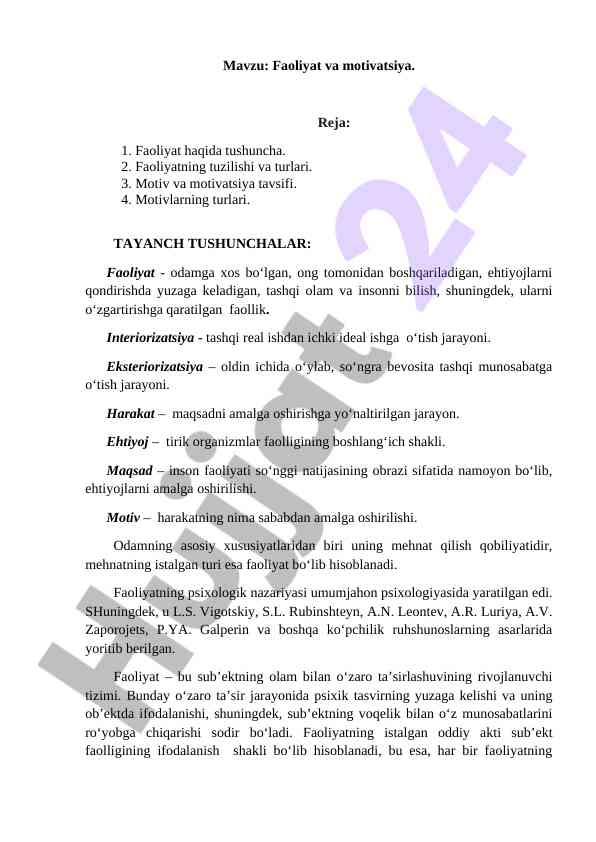 Faoliyat va motivatsiya dars ishlanmasi