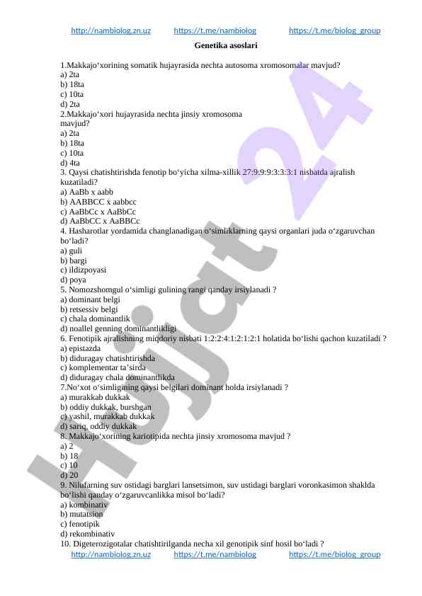 Genetika asoslari oʻquv savollari