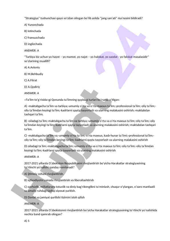Ta’lim turlari haqida test savollari