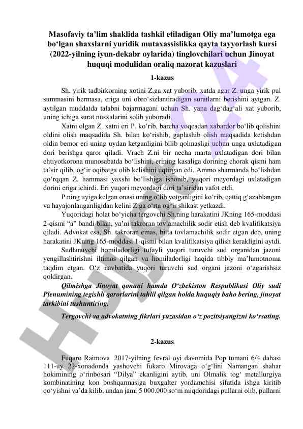 Jinoyat huquqi modulida oraliq nazorat kazuslari