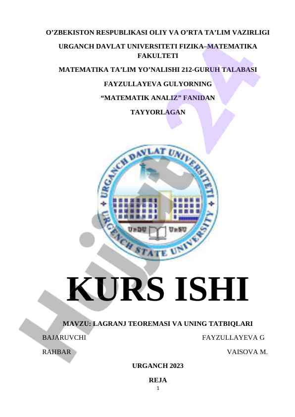 Lagranj teoremasi va uning tatbiqlari