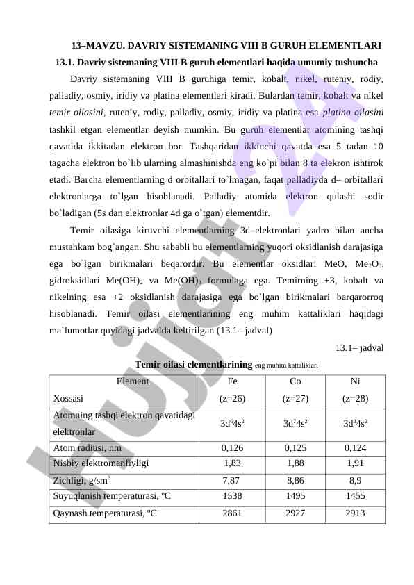 Davriy sistema viii b guruh elementlari tahlili