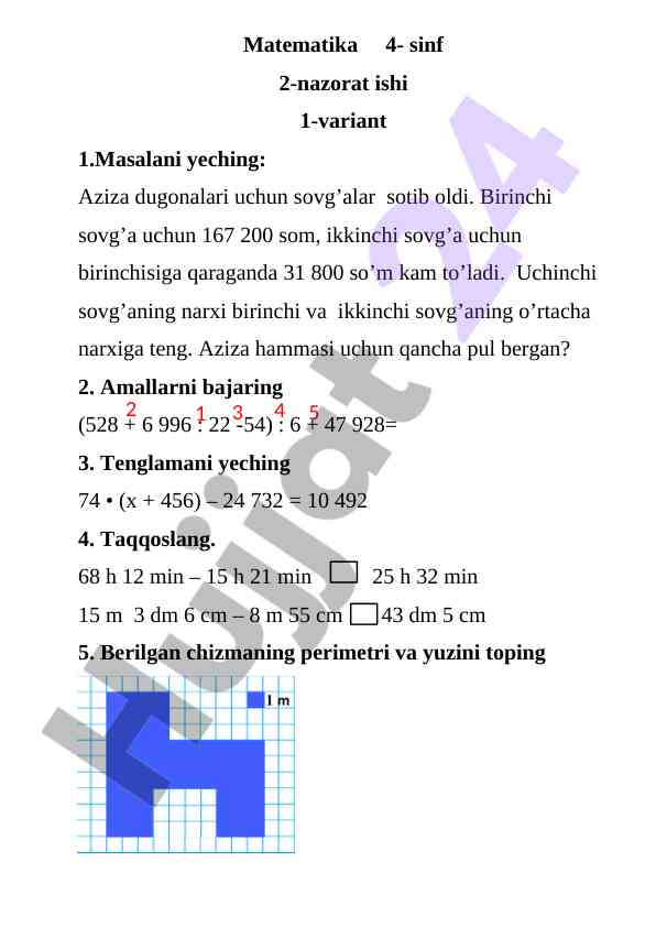 Matematika 4-sinf 2-nazorat ishi variants