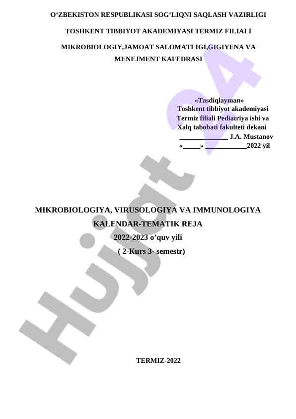 Mikrobiologiya virusologiya va immunologiya reja