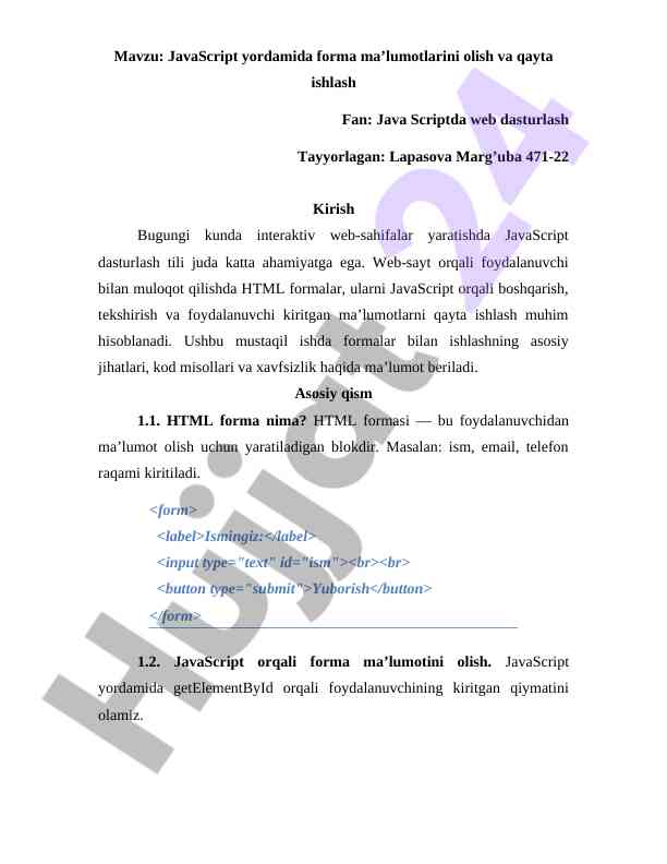 Javascript forma ma’lumotlarini qayta ishlash