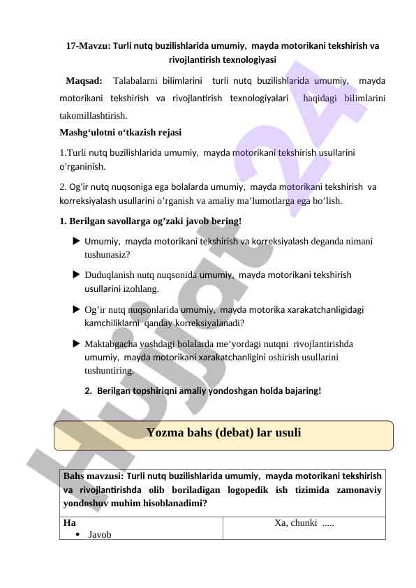 Turli nutq buzilishlarida motorikani rivojlantirish