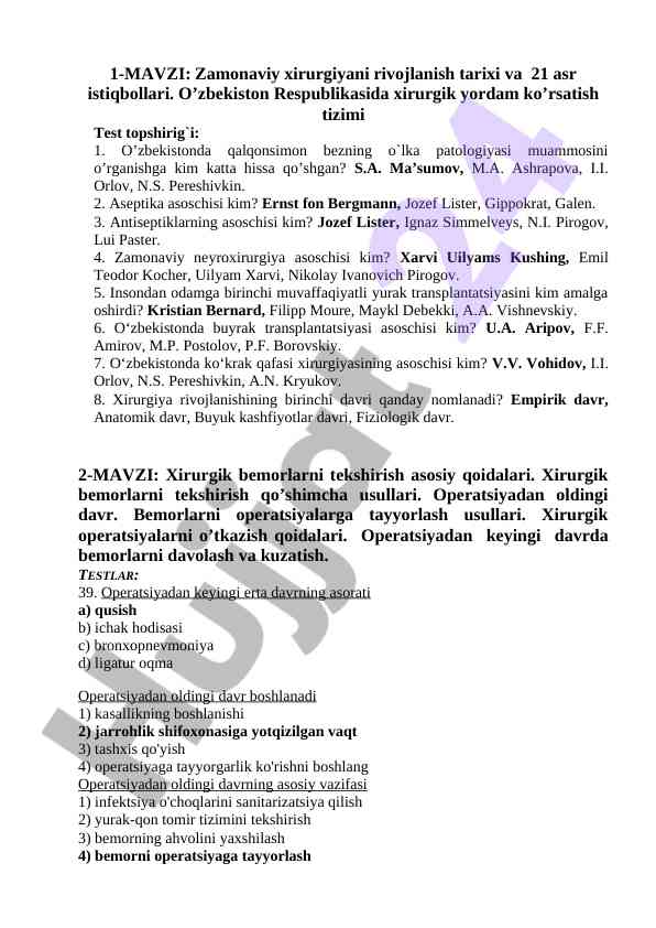 Zamonaviy xirurgiya tarixi va 21 asr istiqbollari