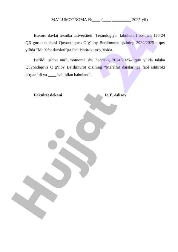 Ma’rifat darslarida faol ishtirok to‘g‘risidagi ma’lumotnoma