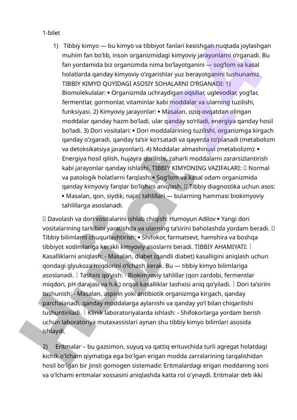 Tibbiy kimyo asoslari va muhim jarayonlar