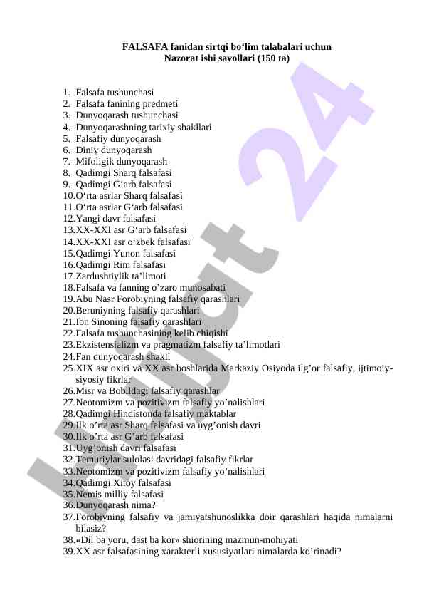 Falsafa fanidan nazorat ishlari savollari