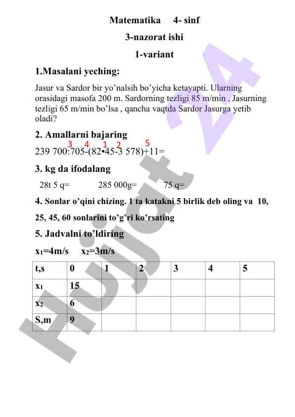 Matematika 4-sinf nazorat ishlari