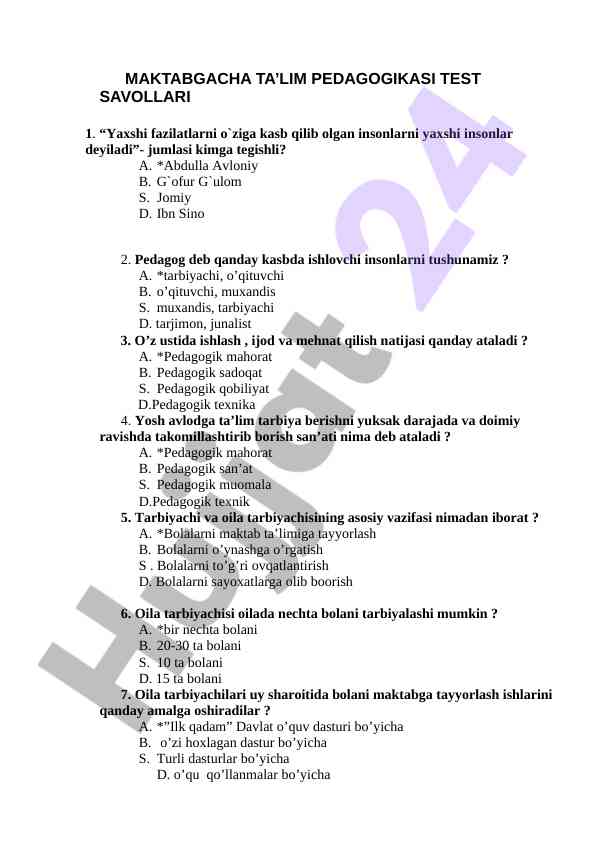 Maktabgacha ta’lim pedagogikasi test savollari