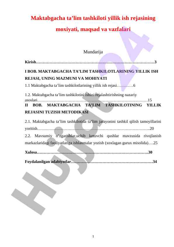 Maktabgacha Ta’lim Tashkilotlari Yillik Ish Rejasi