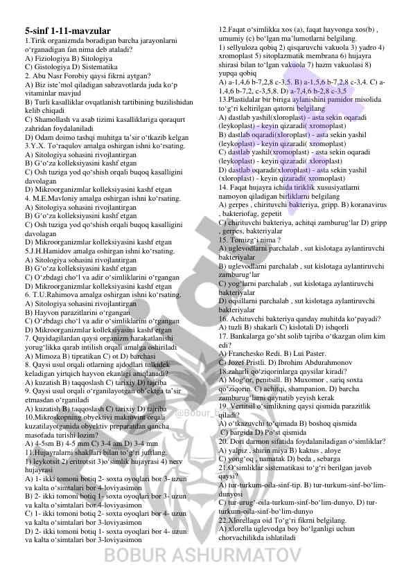 5-sinf biologiya test savollari