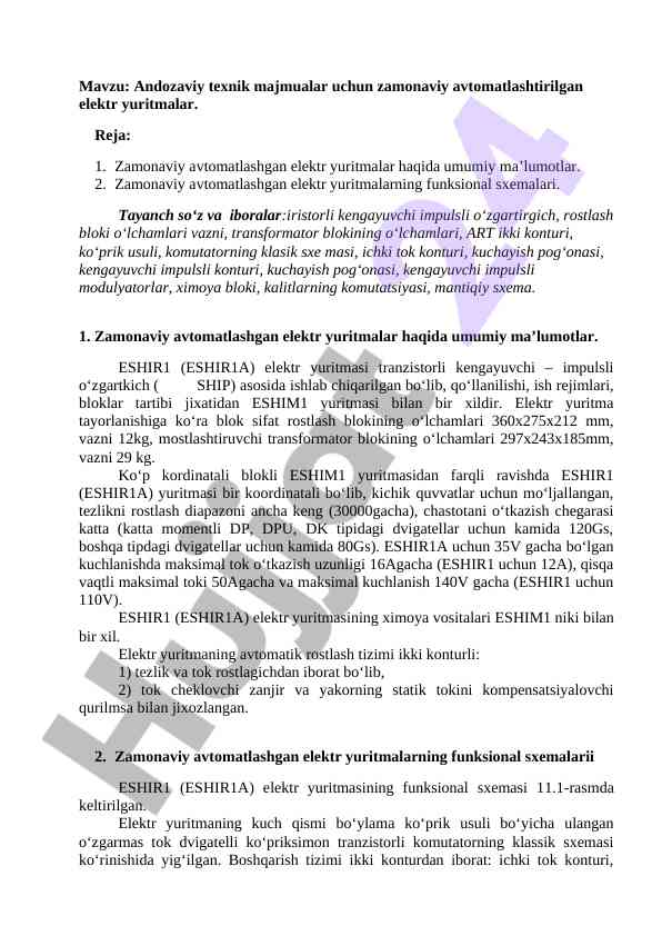 Zamonaviy avtomatlashgan elektr yuritmalar tahlili