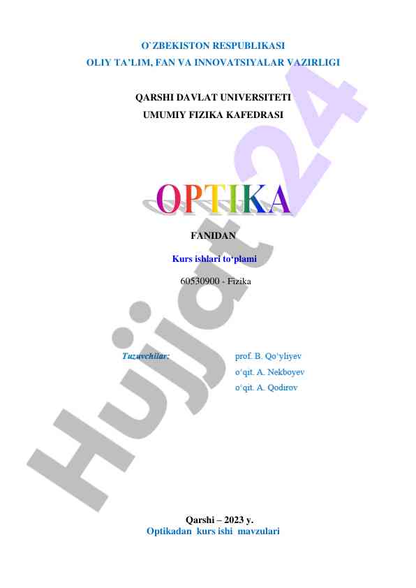 Optika bo'yicha kurs ishlari mavzulari 2023