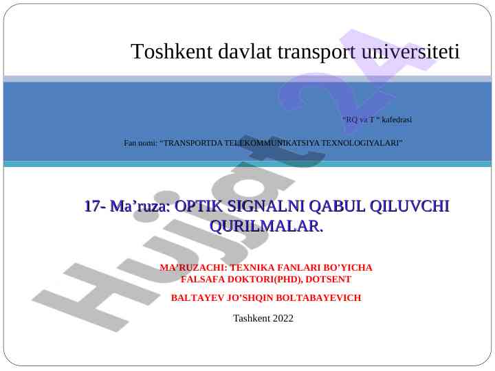 Transportda telekommunikatsiya texnologiyalari ma’ruzasi