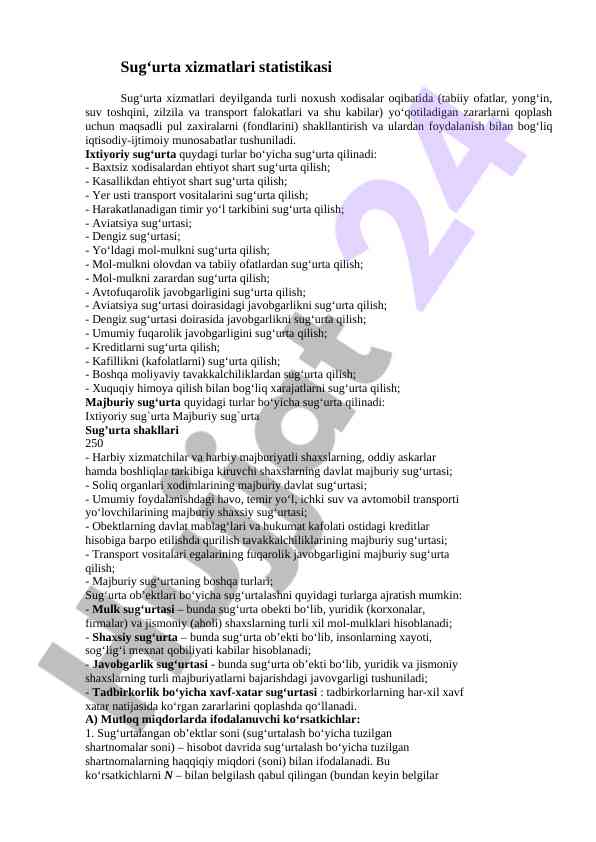 Sug‘urta xizmatlari statistikasi va turlari