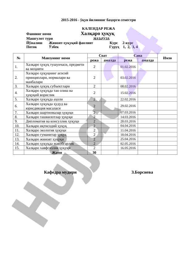 Xalqaro huquq dars rejasi 2015-2016 o‘quv yili