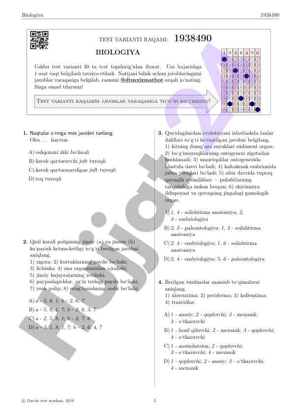 Biologiya test varianti raqami 1938490