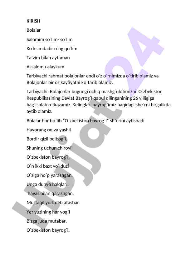 Bolajonlar uchun o`zbekiston bayrog`i mavzusida dars