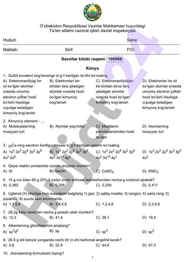 Kimyo fanidan imtihon savollari mavzusi