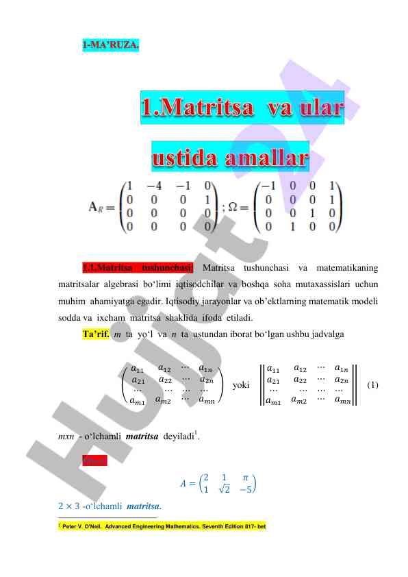 Matritsa tushunchasi va iqtisodiy modellar