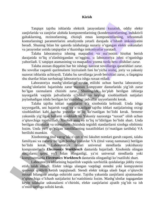 Elektr jarayonlarni kuzatish laboratoriya ishlari