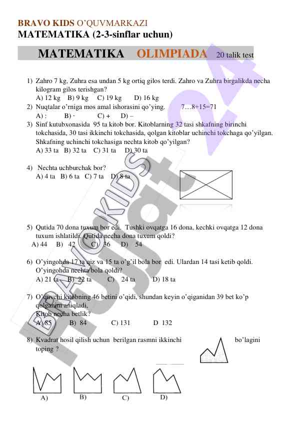 Matematika olimpiada testlari 2-3-sinflar uchun