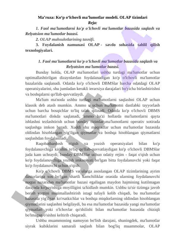 Ko‘p o‘lchovli ma’lumotlar modellari va olap tizimlari