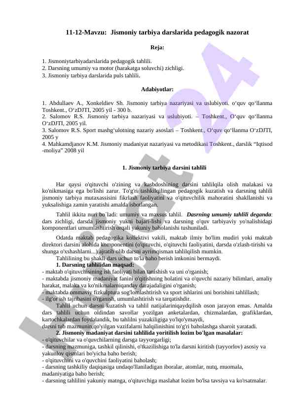 Jismoniy tarbiya darslarida pedagogik nazorat tahlili