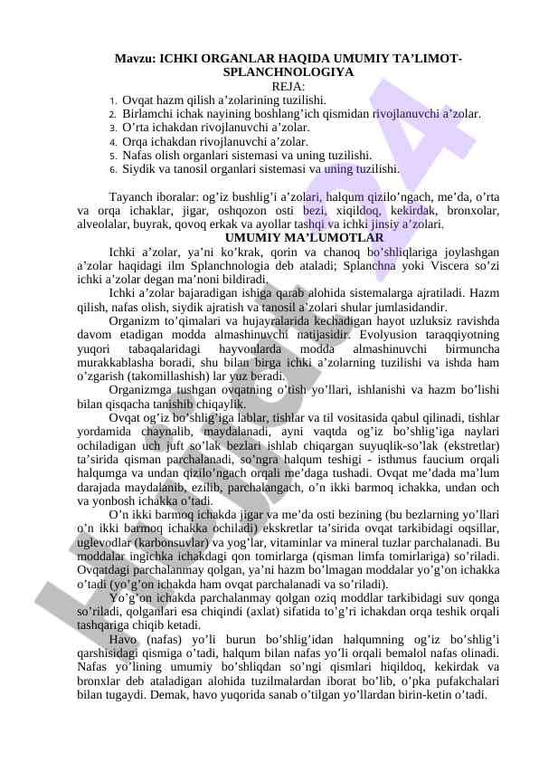 Ichki organlar haqida umumiy ta’limot splanchnologiya