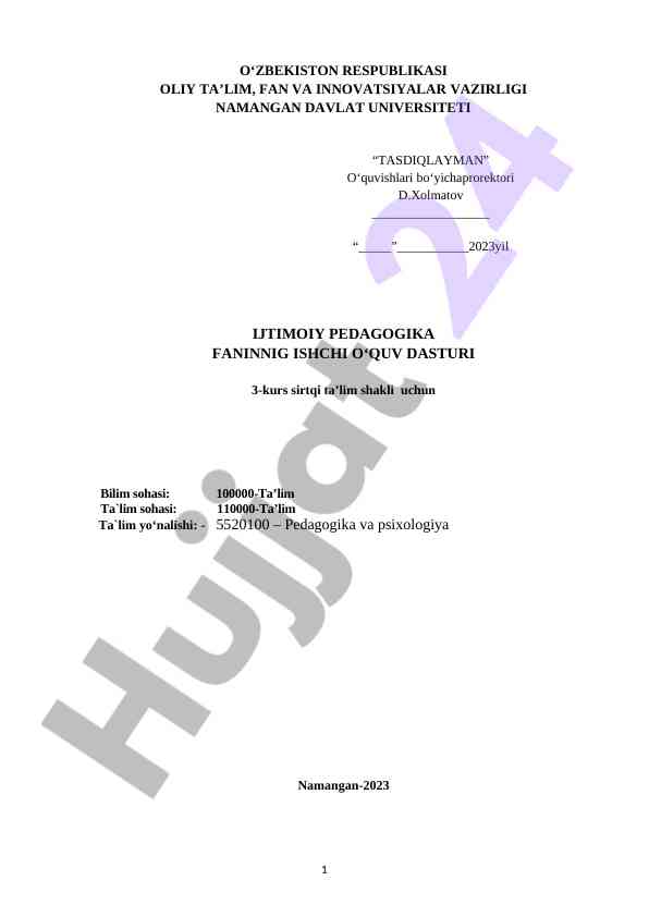 Ijtimoiy pedagogika fanining ishchi o‘quv dasturi