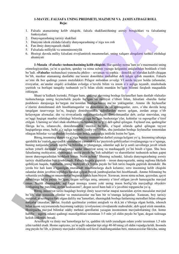 Falsafa uning predmeti mazmuni va jamiyatdagi roli