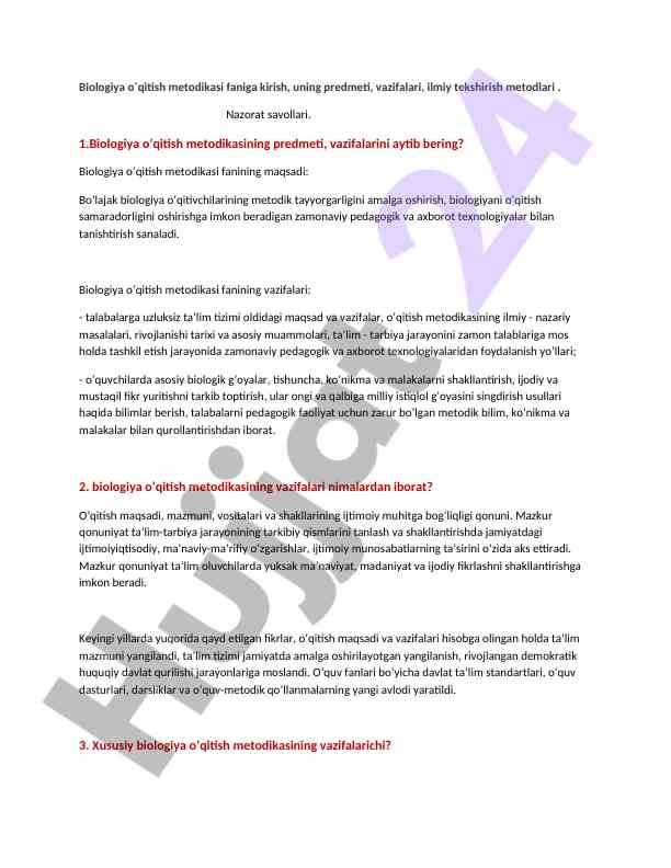 Biologiya o'qitish metodikasi va ilmiy tekshirish