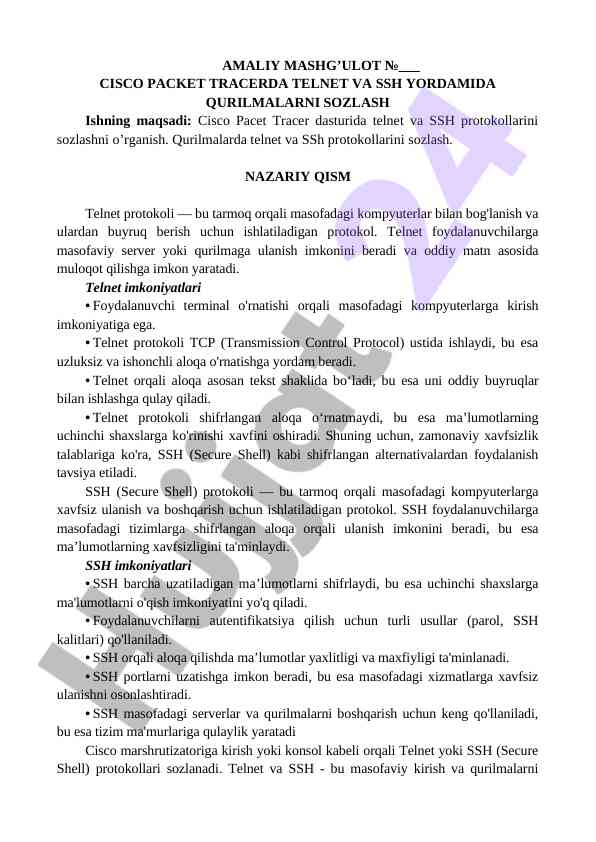 Telnet va ssh protokollarini sozlash usullari