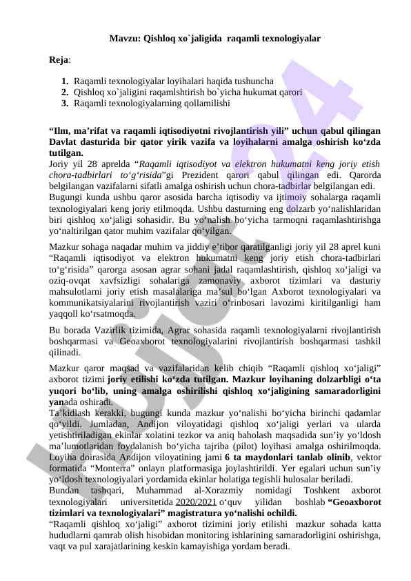 Qishloq xo‘jaligida raqamli texnologiyalar tahlili