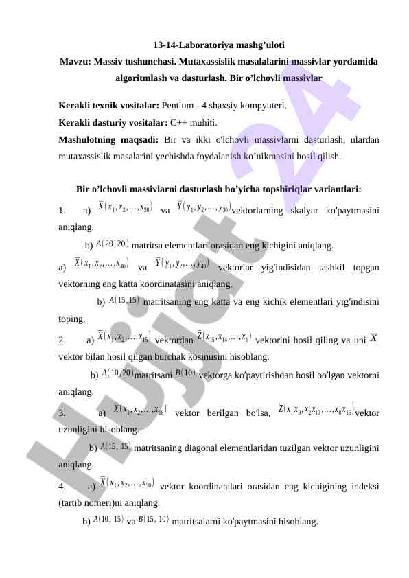Bir o'lchovli massivlar dasturlash bo'yicha mashg'ulotlar