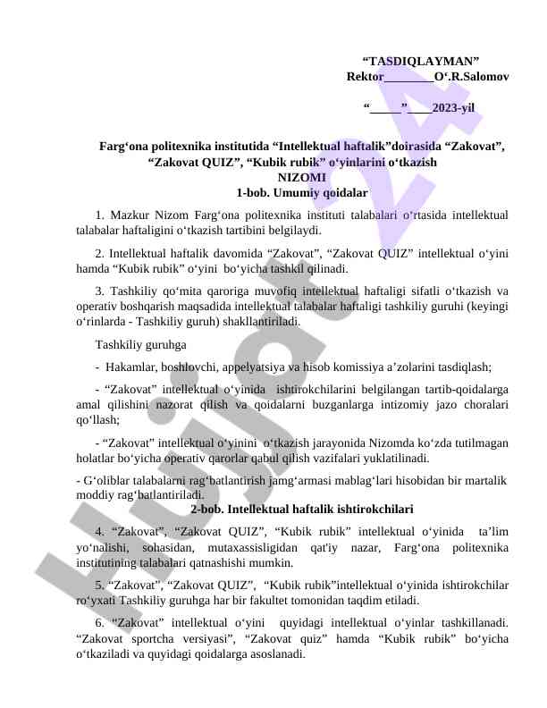 Intellektual haftalik o‘yinlari nizomi