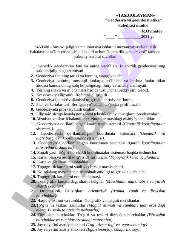 Injenerlik geodeziyasi fanidan yakuniy nazorat savollari