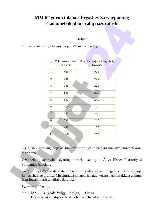 Ekonometrika oraliq nazorat ishining tahlili
