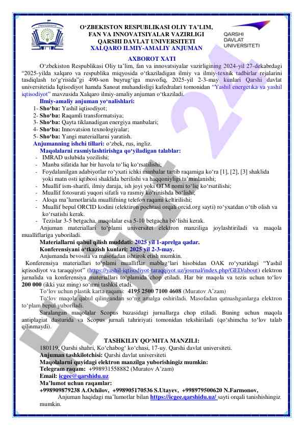 Yashil energetika va yashil iqtisodiyot mavzusida anjuman