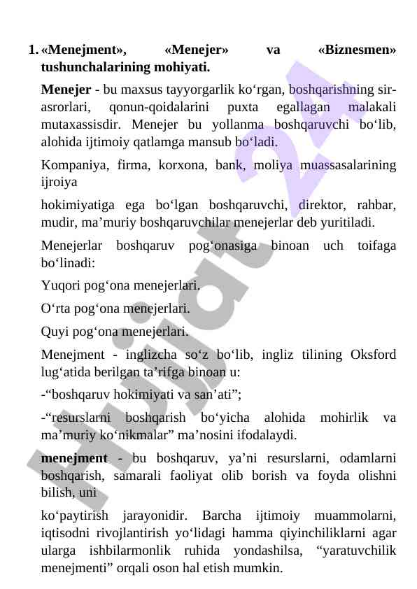 Menejment va menejer tushunchalari mohiyati