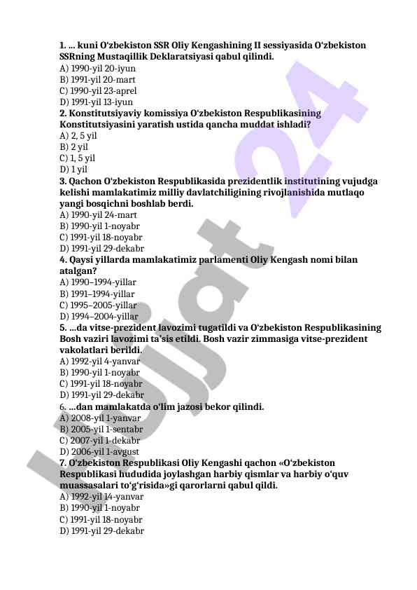 O‘zbekiston respublikasi siyosiy tarixi test savollari