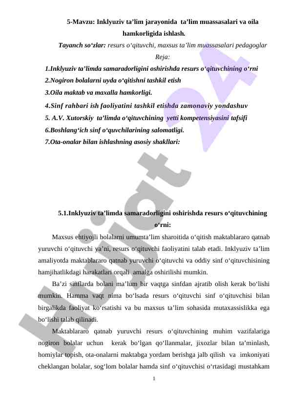 Inklyuziv ta’limda oila hamkorligi va resurs o‘qituvchi