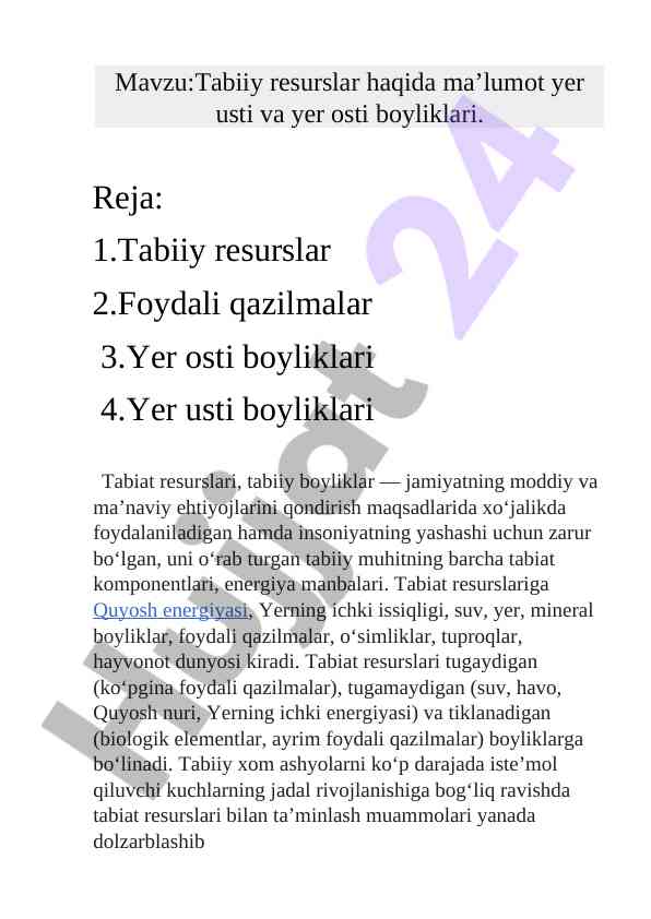 Tabiiy resurslar va ularning muhim turi