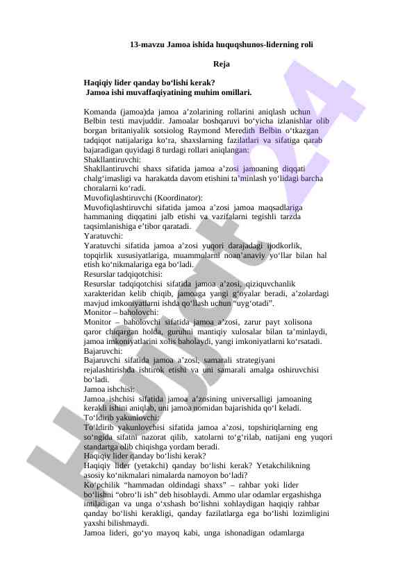 Jamoa ishida huquqshunos lider haqida ma'lumotlar