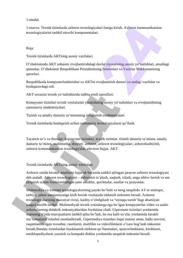 Axborot texnologiyalari faniga kirish va texnik tizimlar